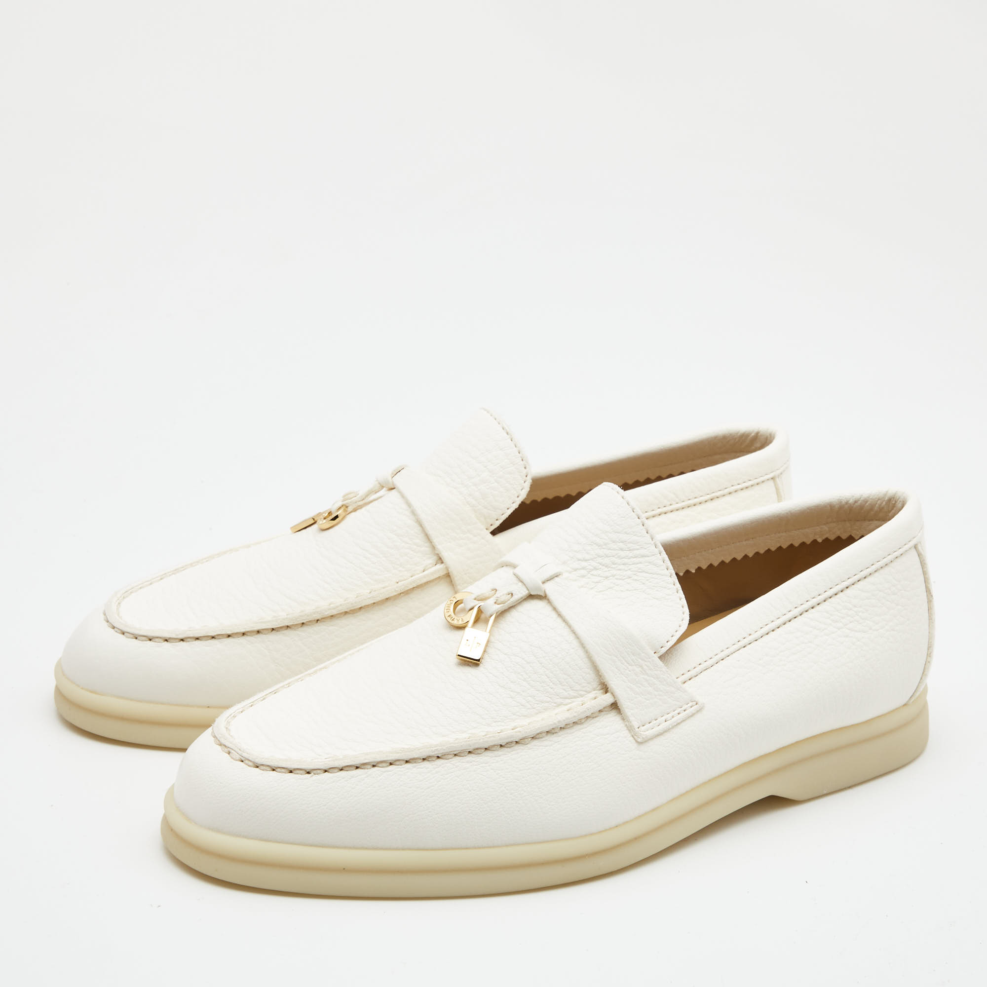

Loro Piana White Leather Summer Charms Walk Slip On Loafers Size