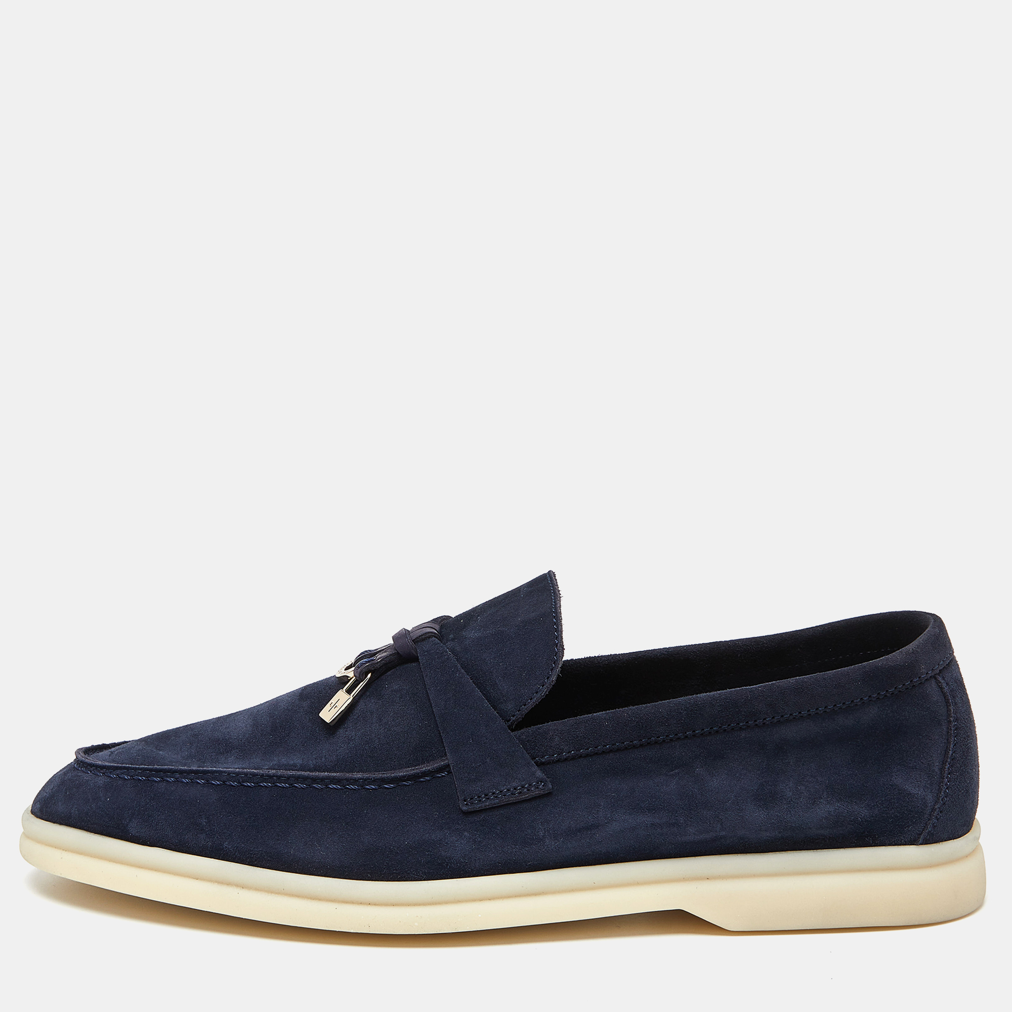 Loro Piana Navy Blue Suede Summer Charms Walk Loafers Size 38