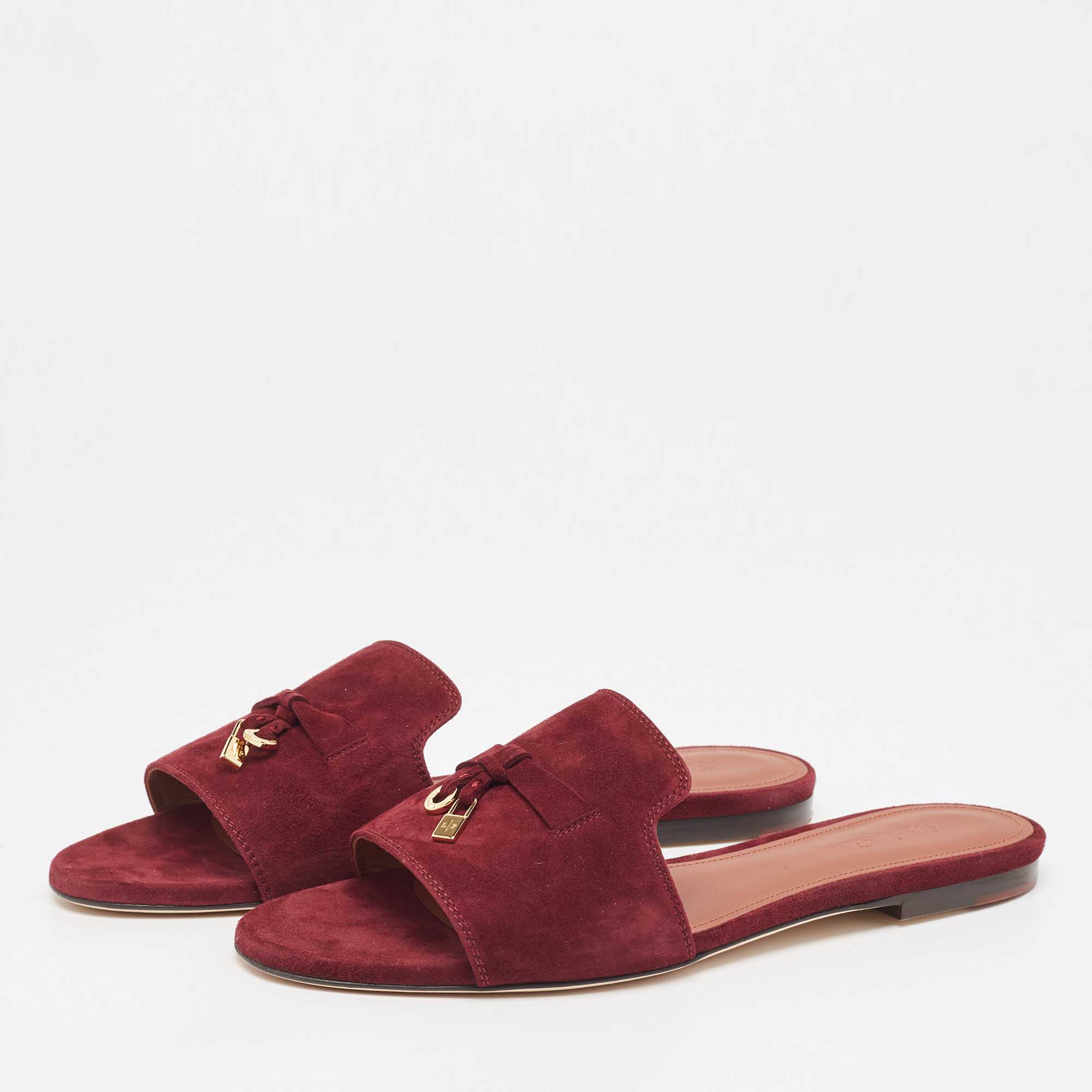 

Loro Piana Burgundy Suede Summer Charms Flat Slides Size