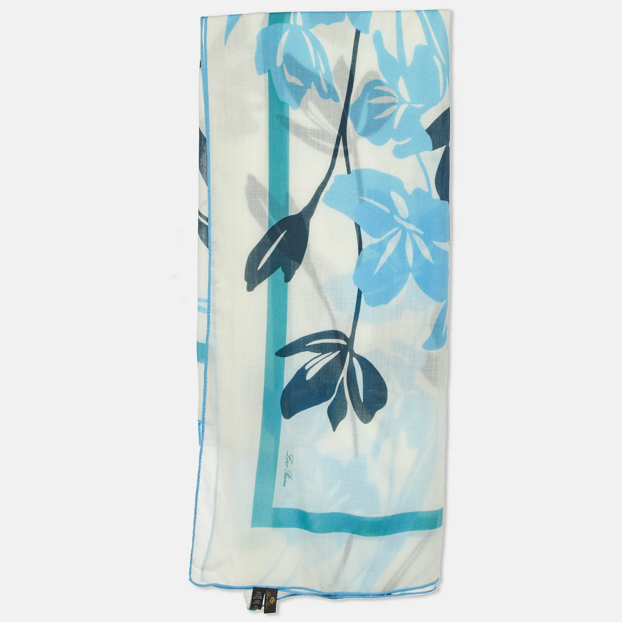 

Loro Piana Ivory/Blue Floral Print Iris Wool Scarf, White