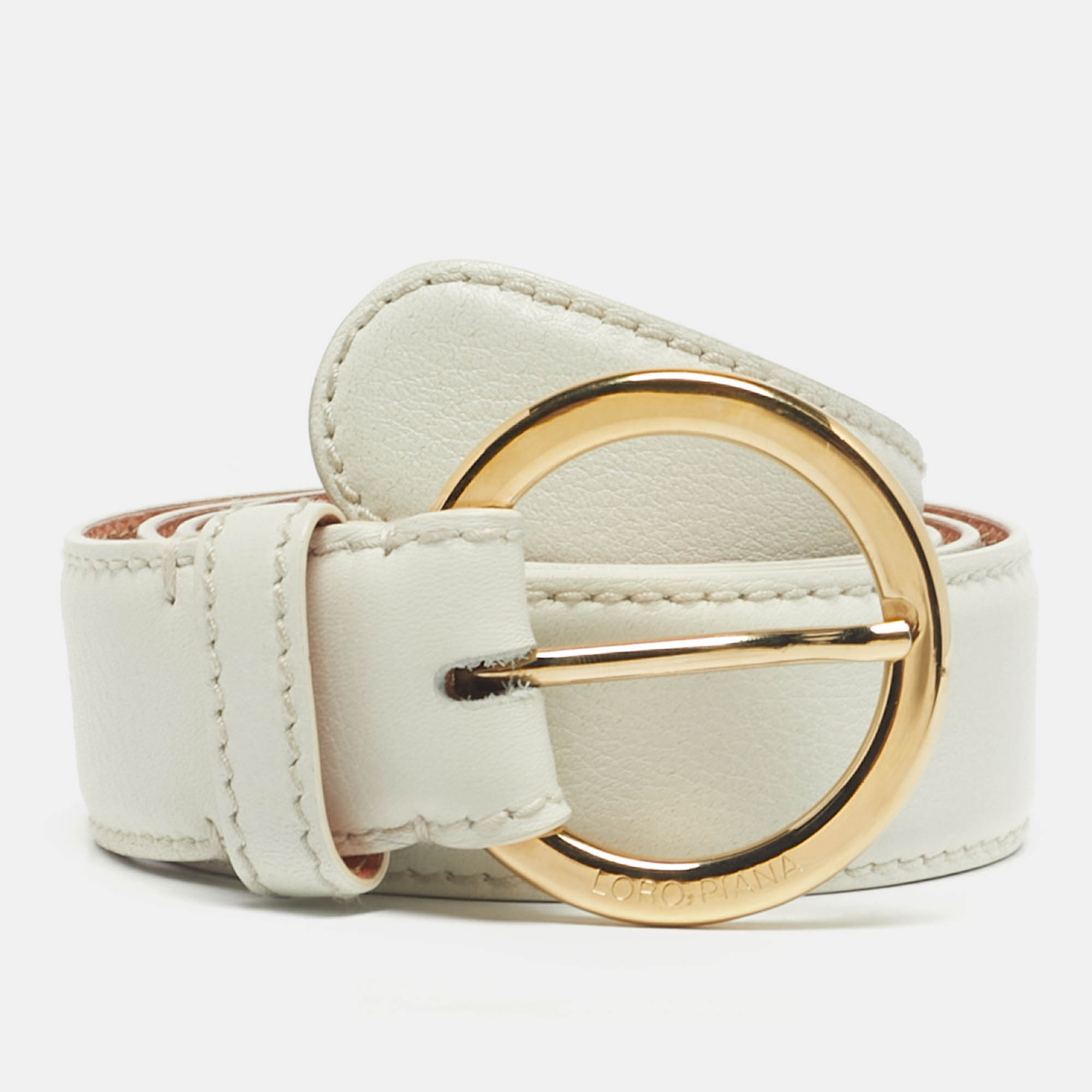 Pre-owned Loro Piana White Leather Ring Buckle Belt 100cm