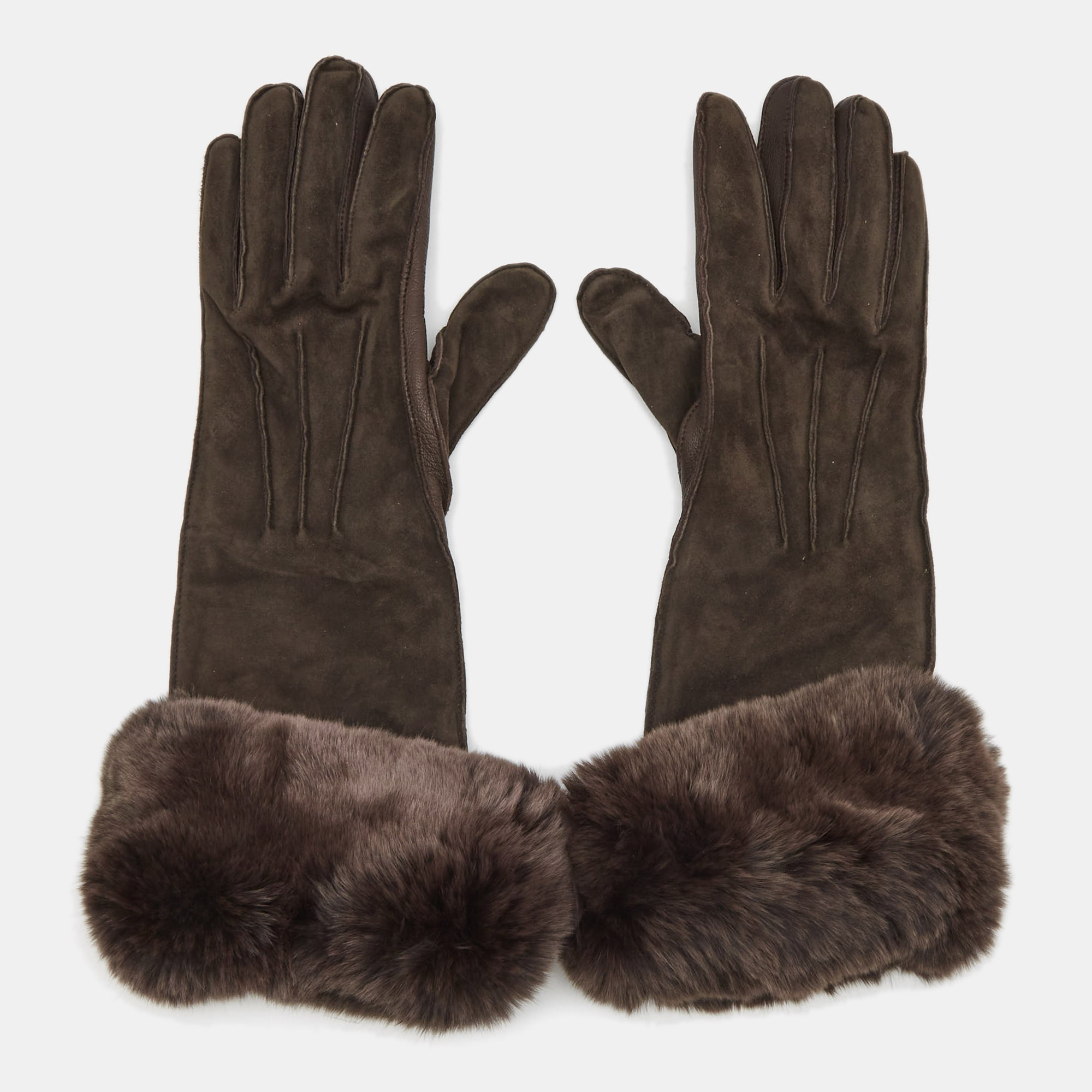 Pre Owned Loro Piana Brown Suede and Leather Fur Trim Gloves M