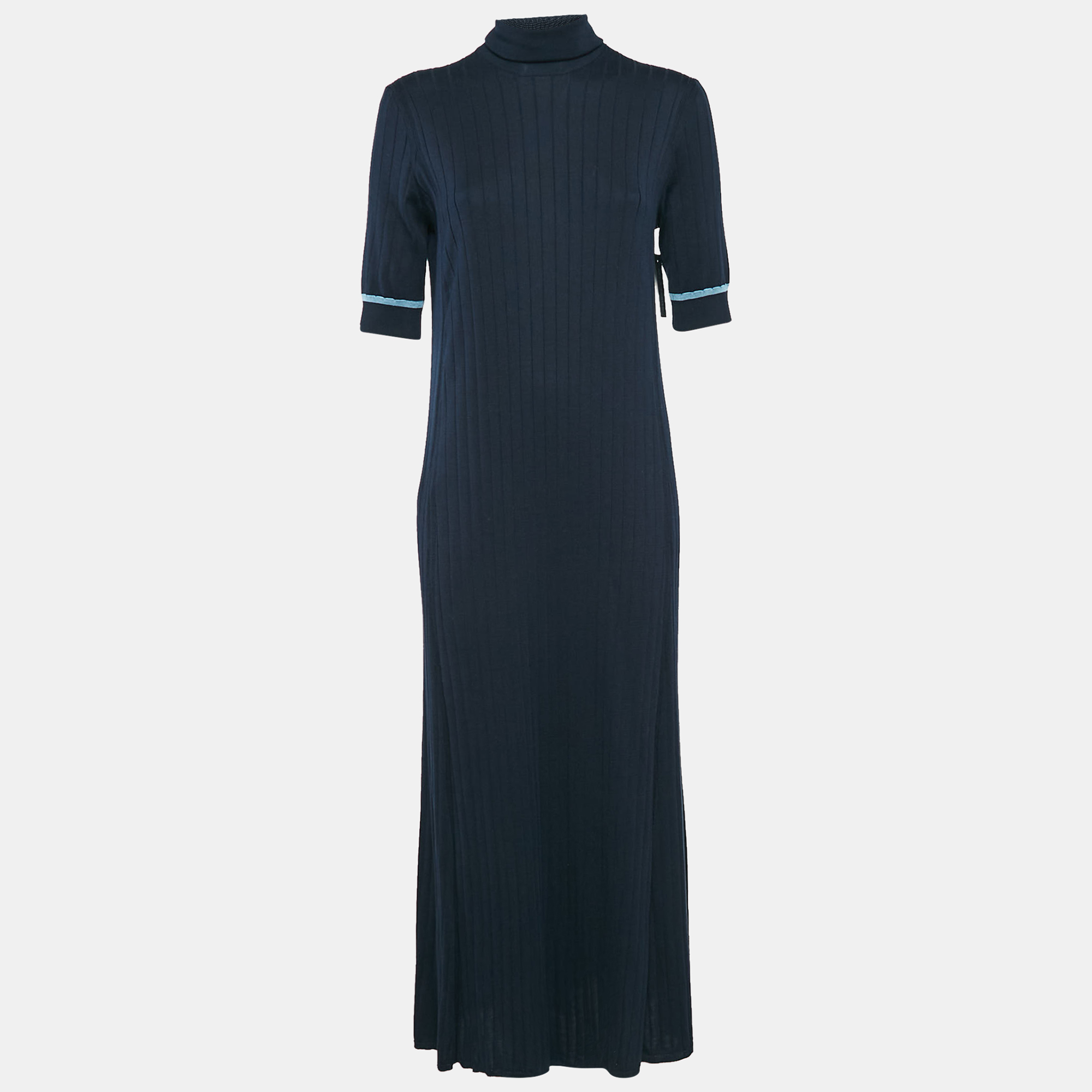 Pre-owned Loro Piana Navy Blue Rib Knit Turtle Neck Midi Dress L