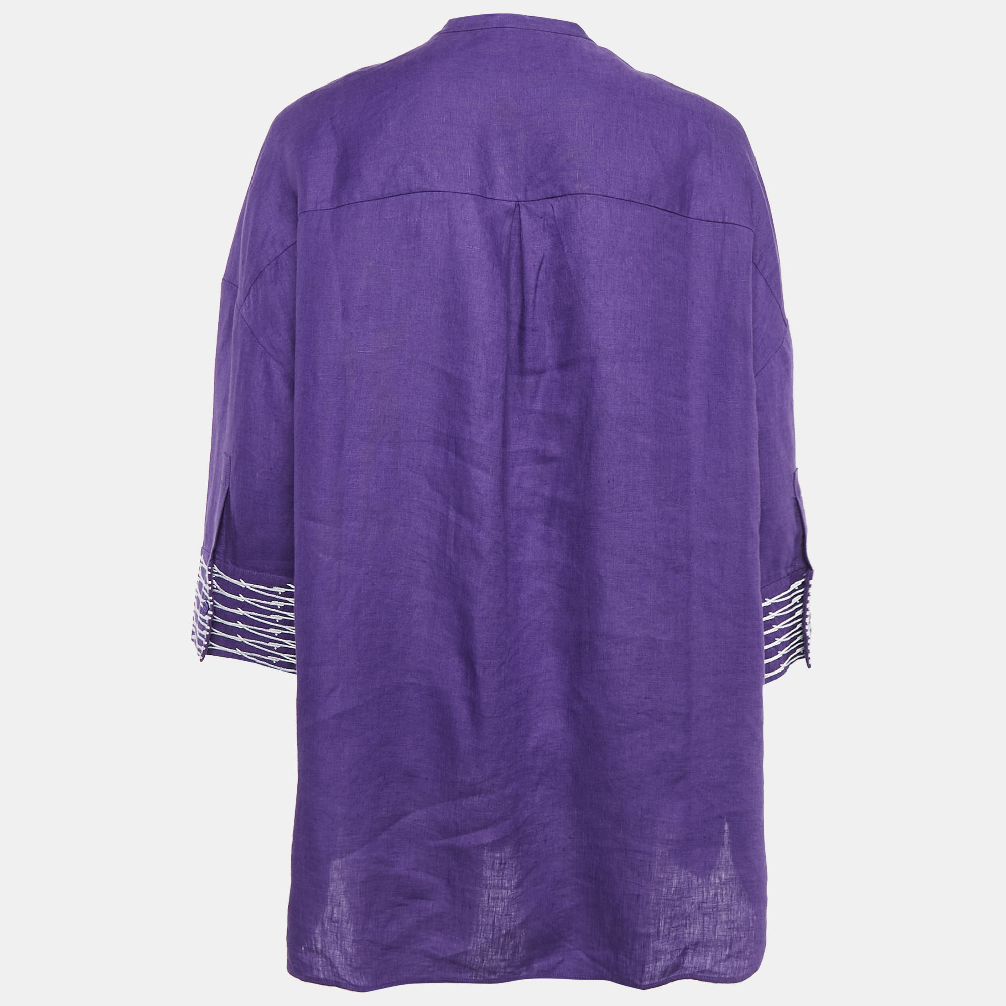 Loro Piana Purple Embroidered Linen Button Front Blouse L 