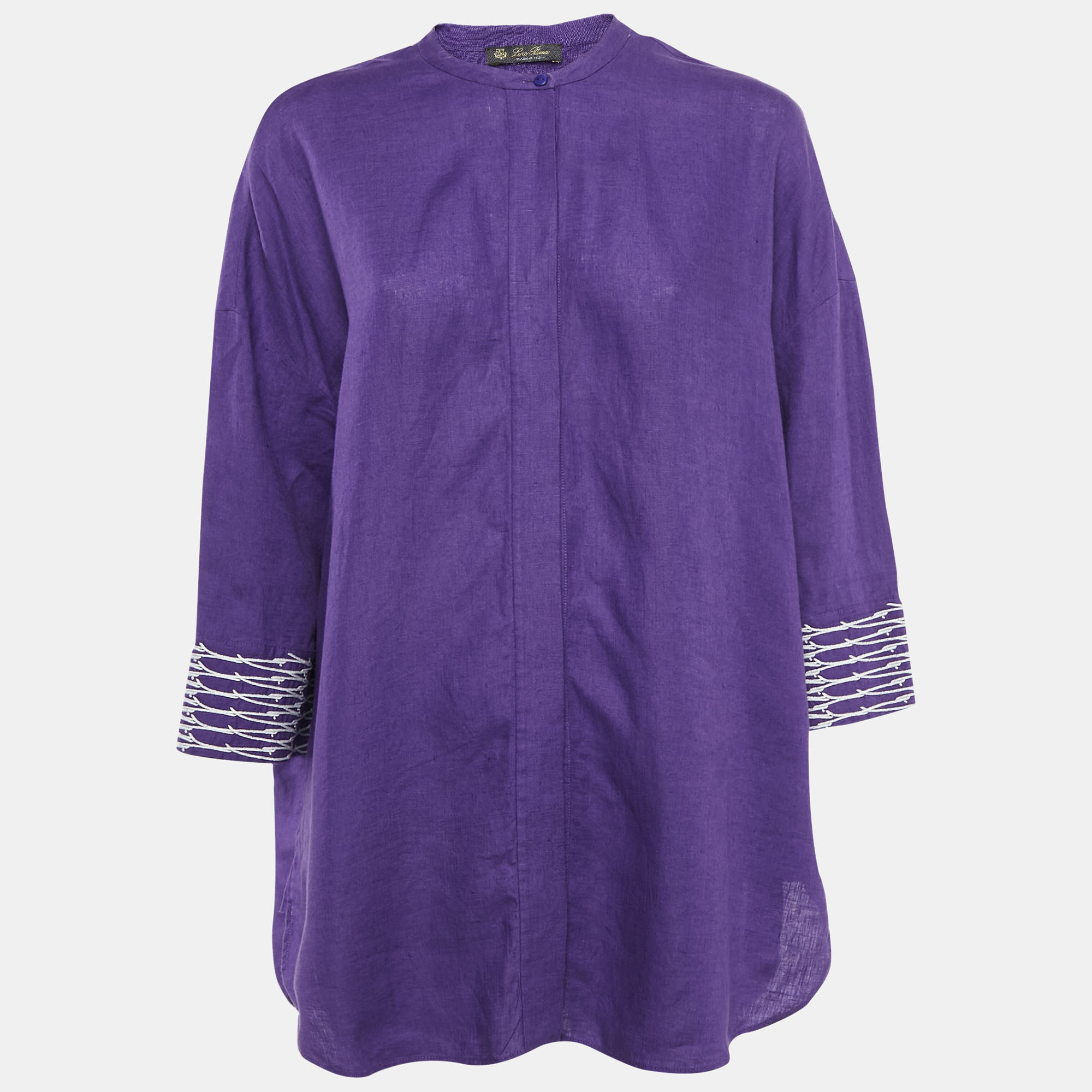 

Loro Piana Purple Embroidered Linen Button Front Blouse L