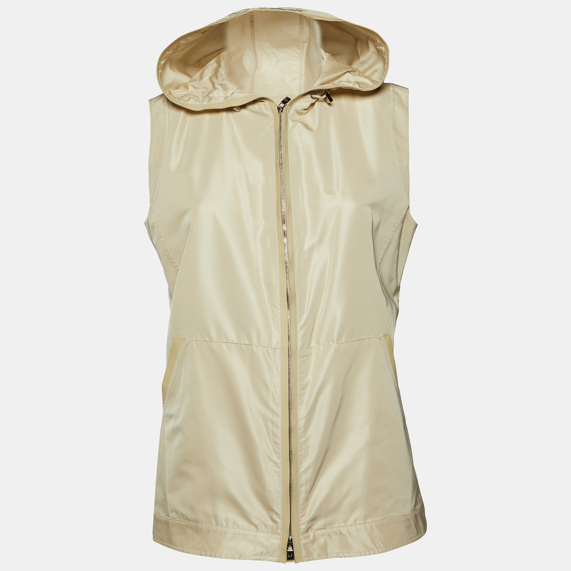 

Loro Piana Light Beige Silk Blend Leather Trim Detail Zip-Up Hooded Vest L