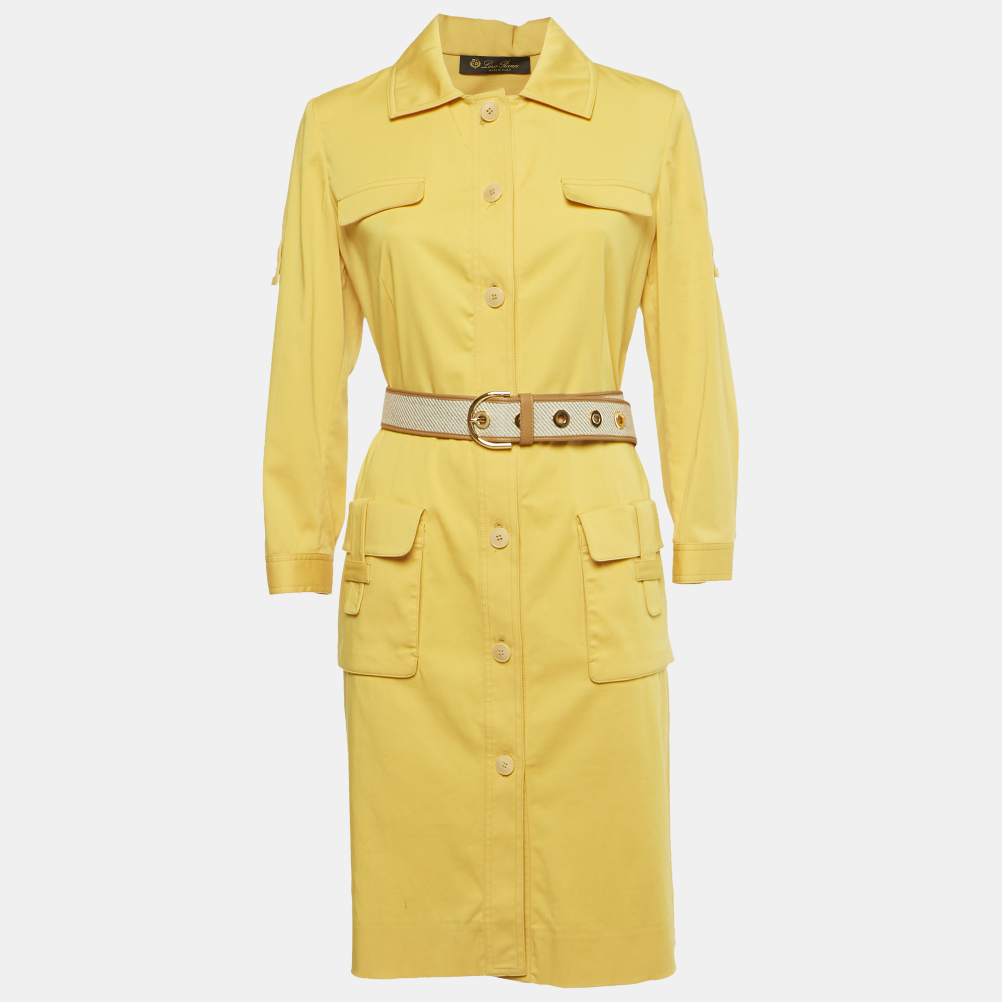 

Loro Piana Yellow Cotton Button Front Belted Coat Dress M