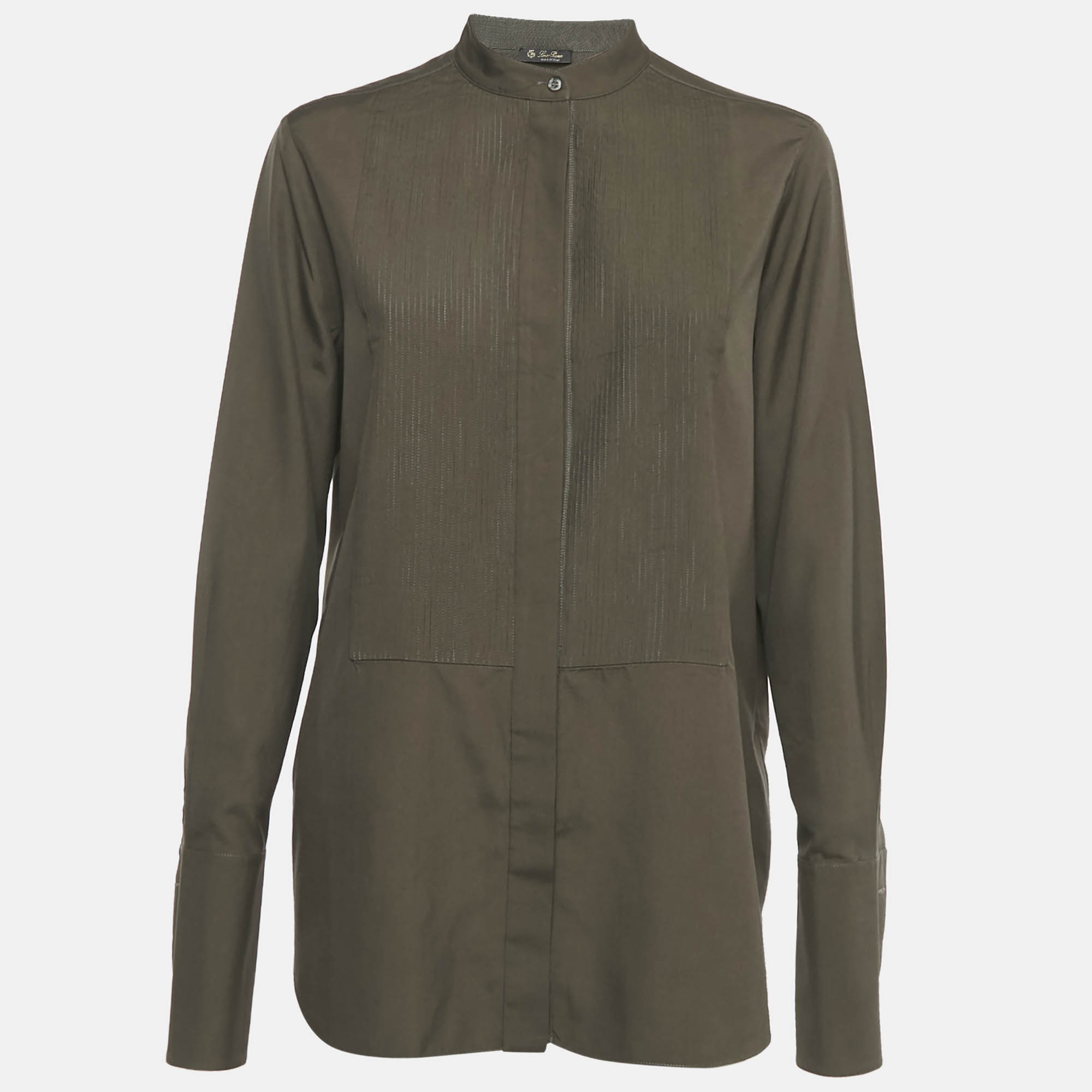 Loro Piana Olive Green Silk Carissa Tuxedo Shirt S