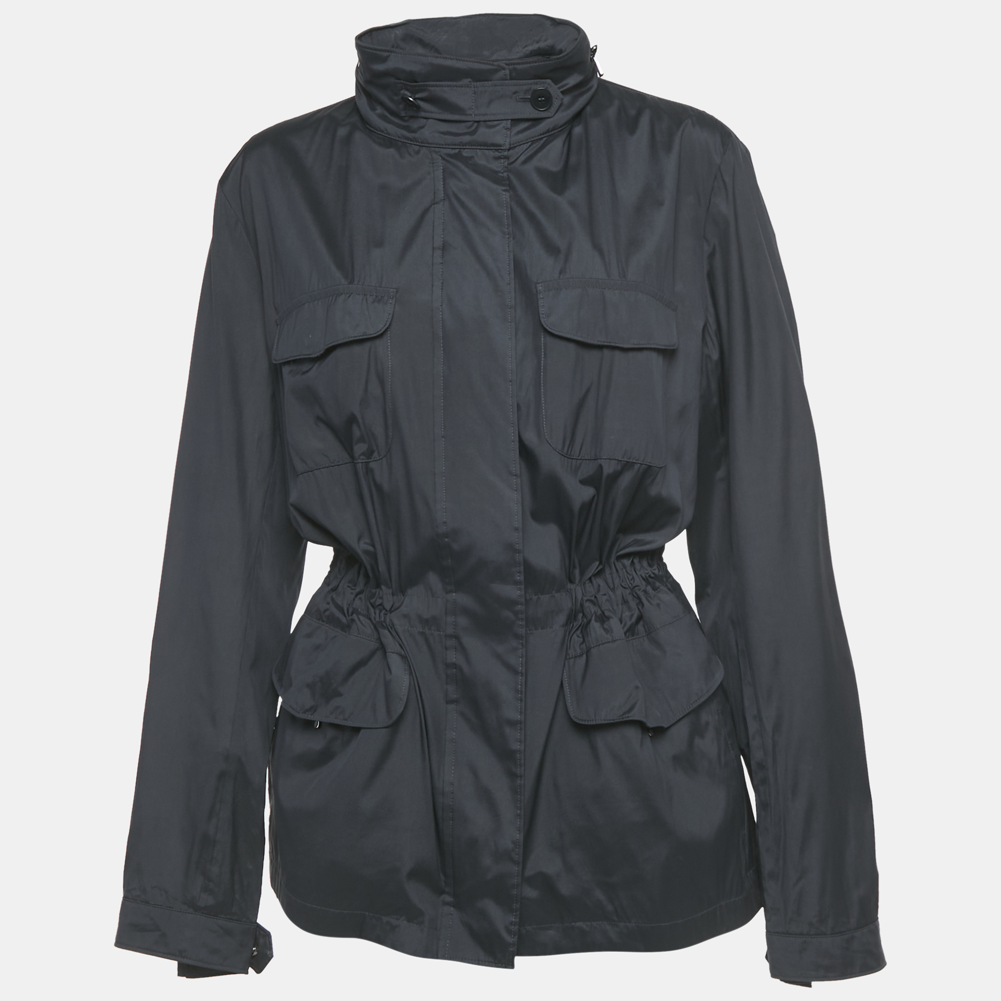 

Loro Piana Navy Blue Silk Concealed Hood Travelers Jacket L
