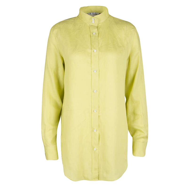Loro Piana Yellow Linen Mandarin Collar Long Sleeve Button Front Shirt ...