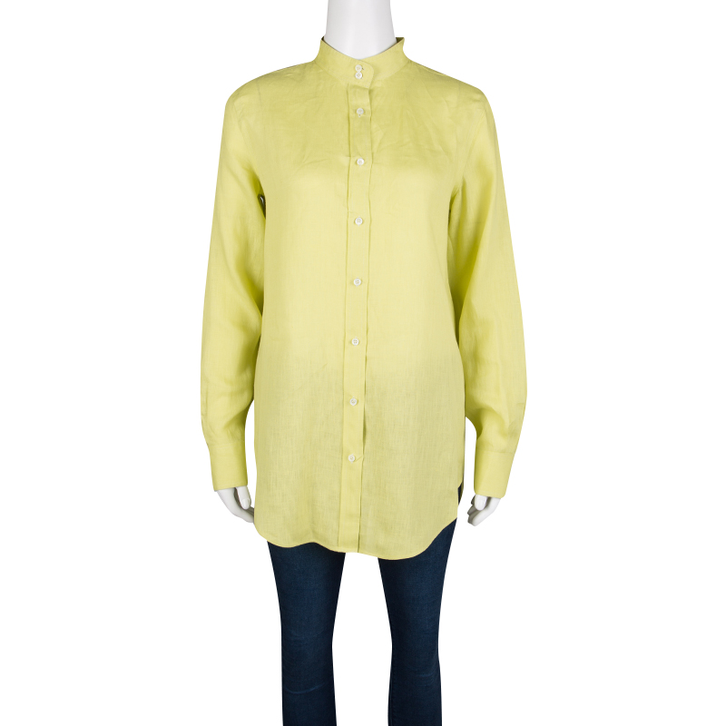 

Loro Piana Yellow Linen Mandarin Collar Long Sleeve Button Front Shirt