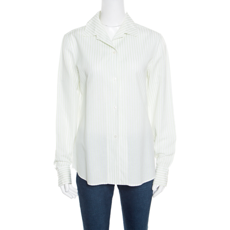 Pre Owned Loro Piana White and Green Striped Cotton Linen Long Sleeve Shirt M