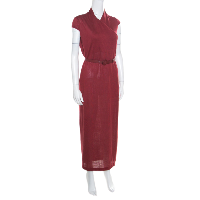 

Loro Piana Red Linen and Silk Draped Cap Sleeve Belted Dress