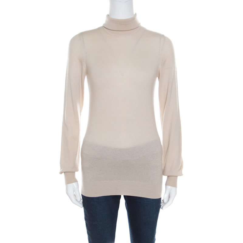 Pre Owned Loro Piana Beige Cashmere Turtle Neck Sweater S