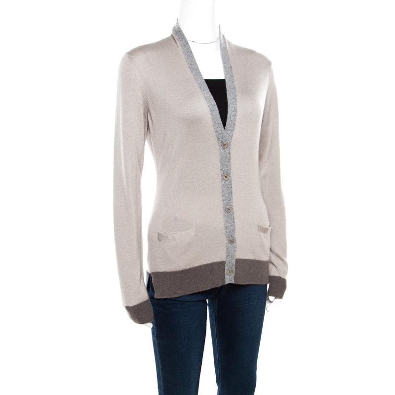 

Loro Piana Beige Contrast Trim Detail Cashmere and Silk Cardigan