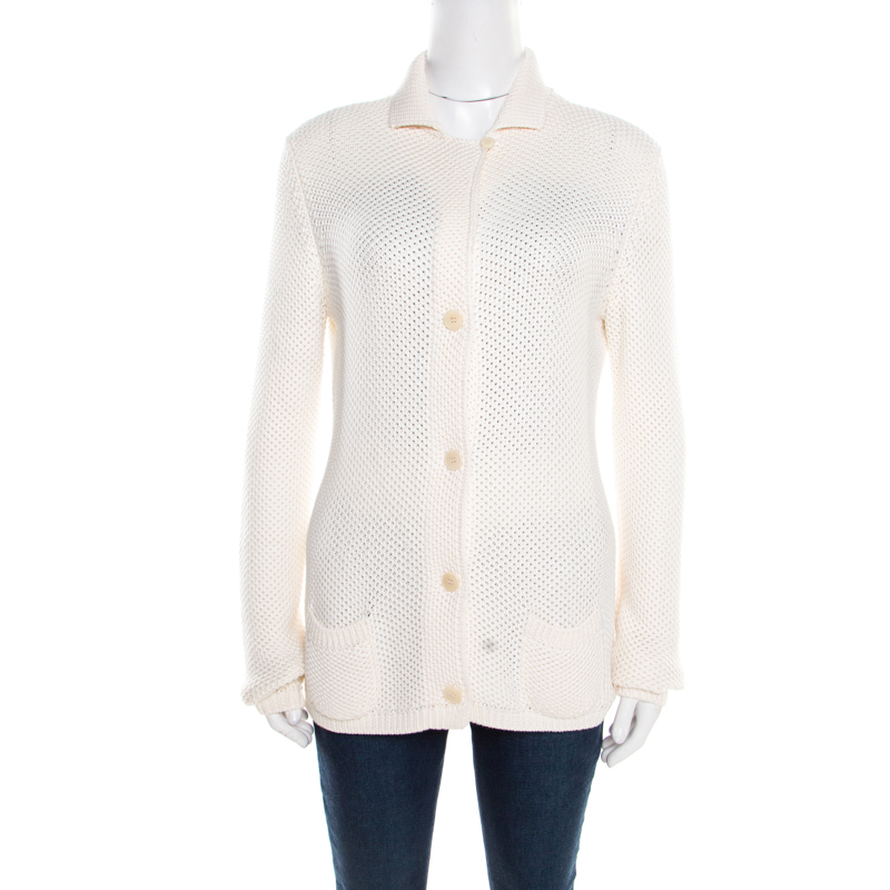 Loro Piana Cream Silk and Cotton Chunky Knit Button Front Cardigan M