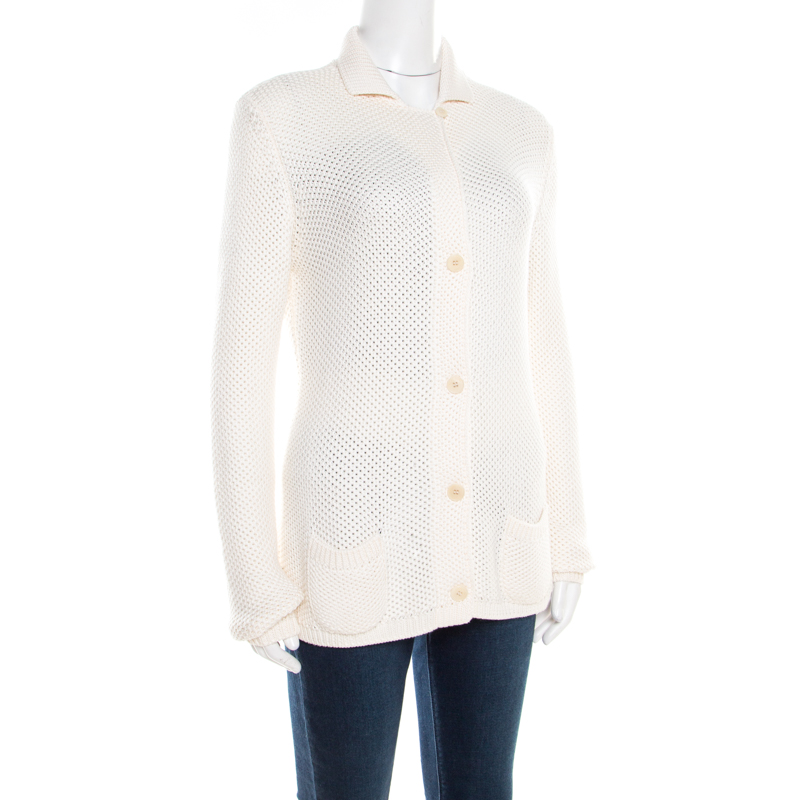 

Loro Piana Cream Silk and Cotton Chunky Knit Button Front Cardigan