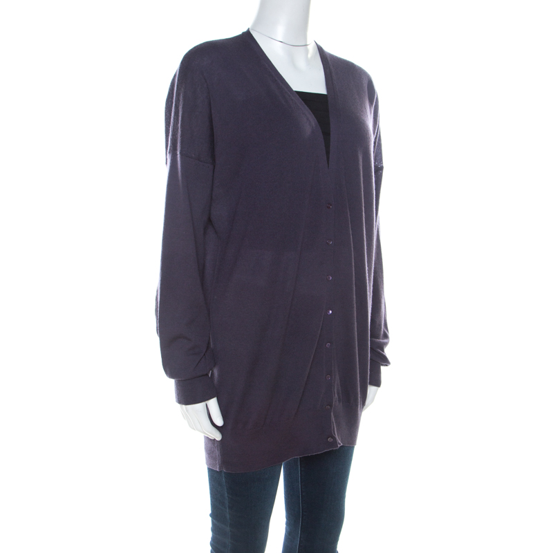 

Loro Piana Purple Cashmere Suede Patch Detail Long Cardigan