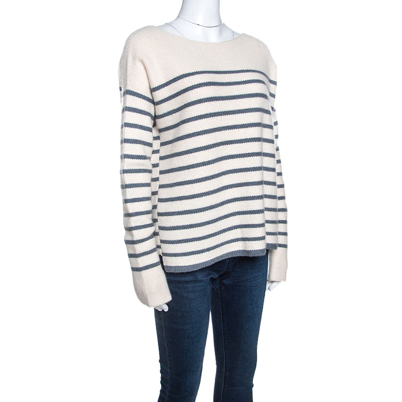 

Loro Piana Off White Striped Baby Cashmere Waffle Knit Sweater