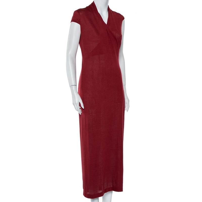 

Loro Piana Burgundy Linen and Silk Draped Cap Sleeve Maxi Dress