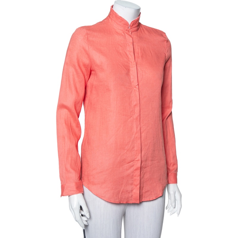 

Loro Piana Pink Linen Raw Edge Detail Button Front Shirt