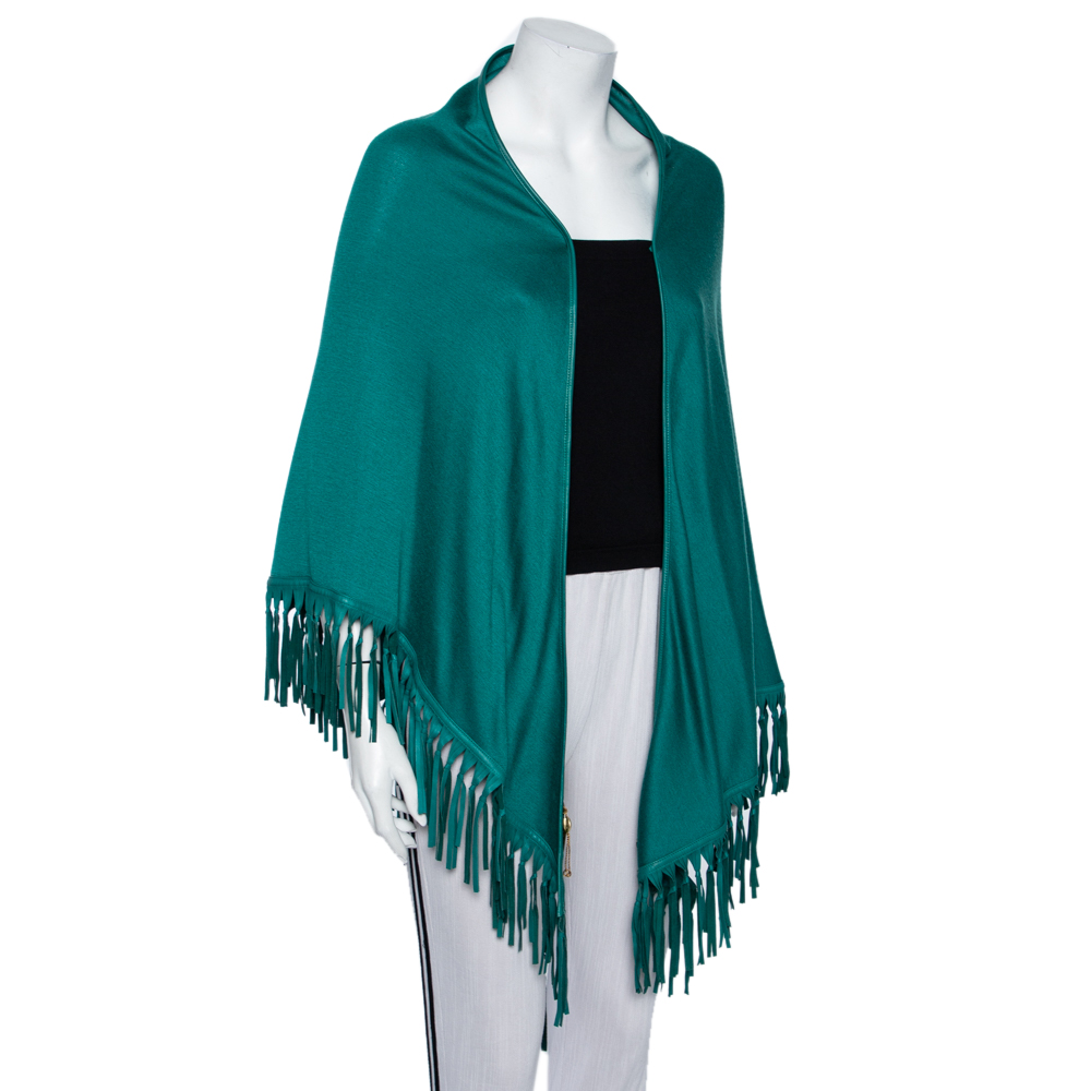 

Loro Piana Green Cashmere Leather Fringe Detail Flamenco Poncho