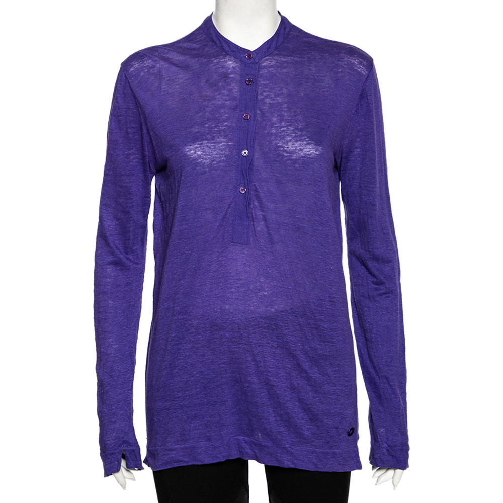 

Loro Piana Purple Linen Long Sleeved Polo T-Shirt