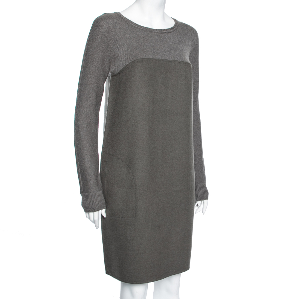 

Loro Piana Grey Cashmere & Knit Paneled Long Sleeve Dress