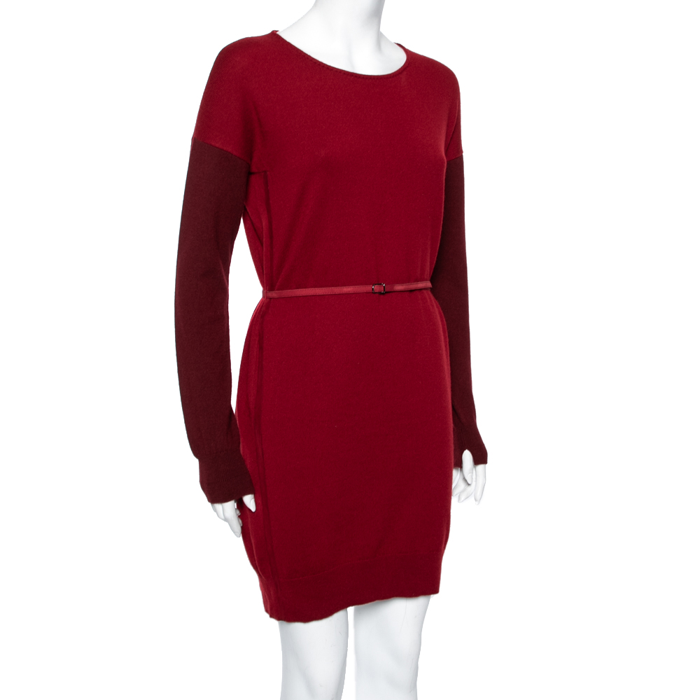 

Loro Piana Red Two Toned Cashmere & Suede Trimmed Belted Dress