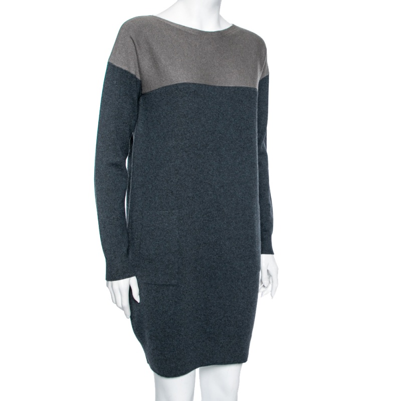 

Loro Piana Blue & Grey Paneled Cashmere Long Sleeve Dress