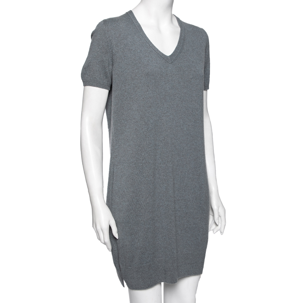 

Loro Piana Grey Cashmere Knit V-Neck Sweater Dress