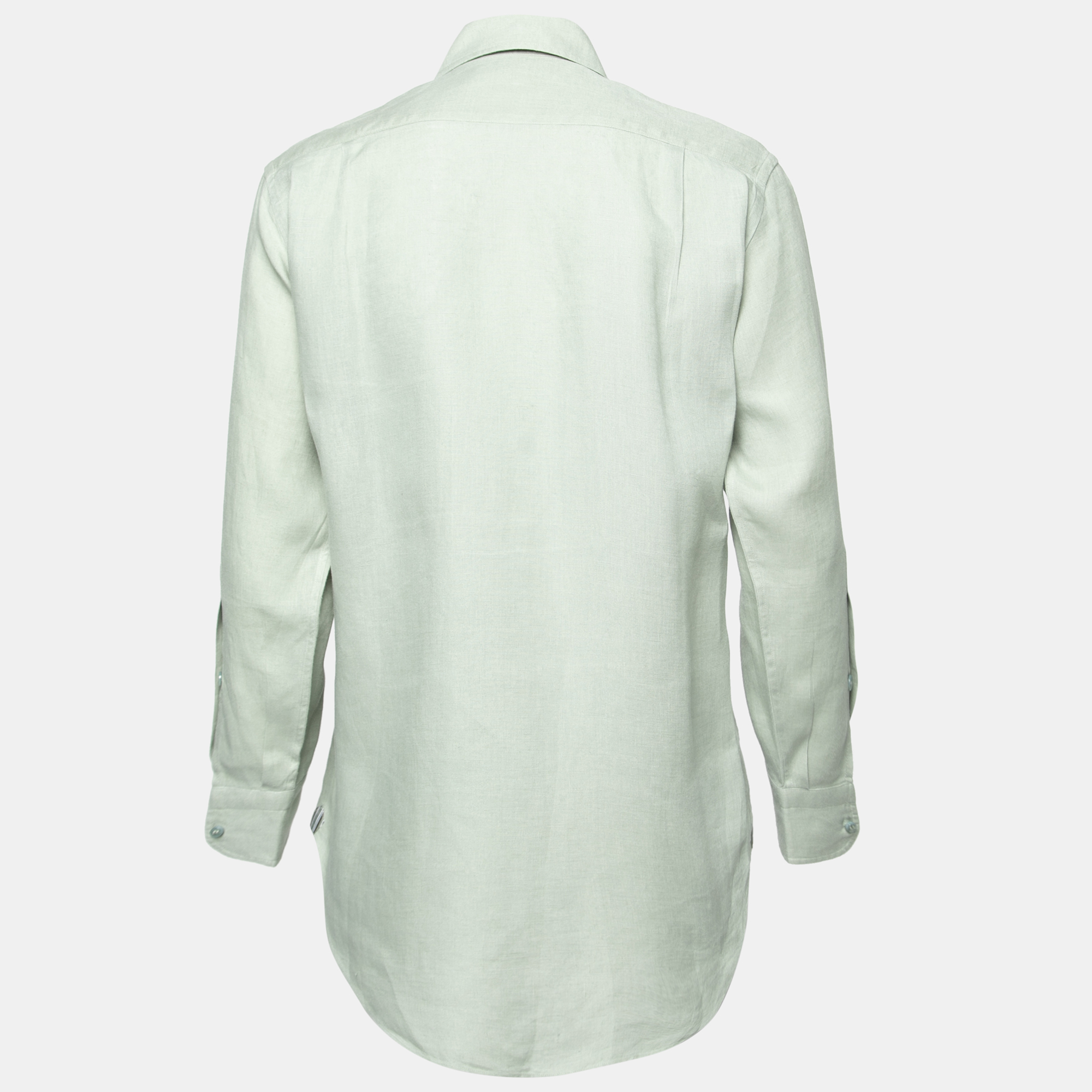 

Loro Piana Light Green Linen Pocket Detail Button Front Shirt