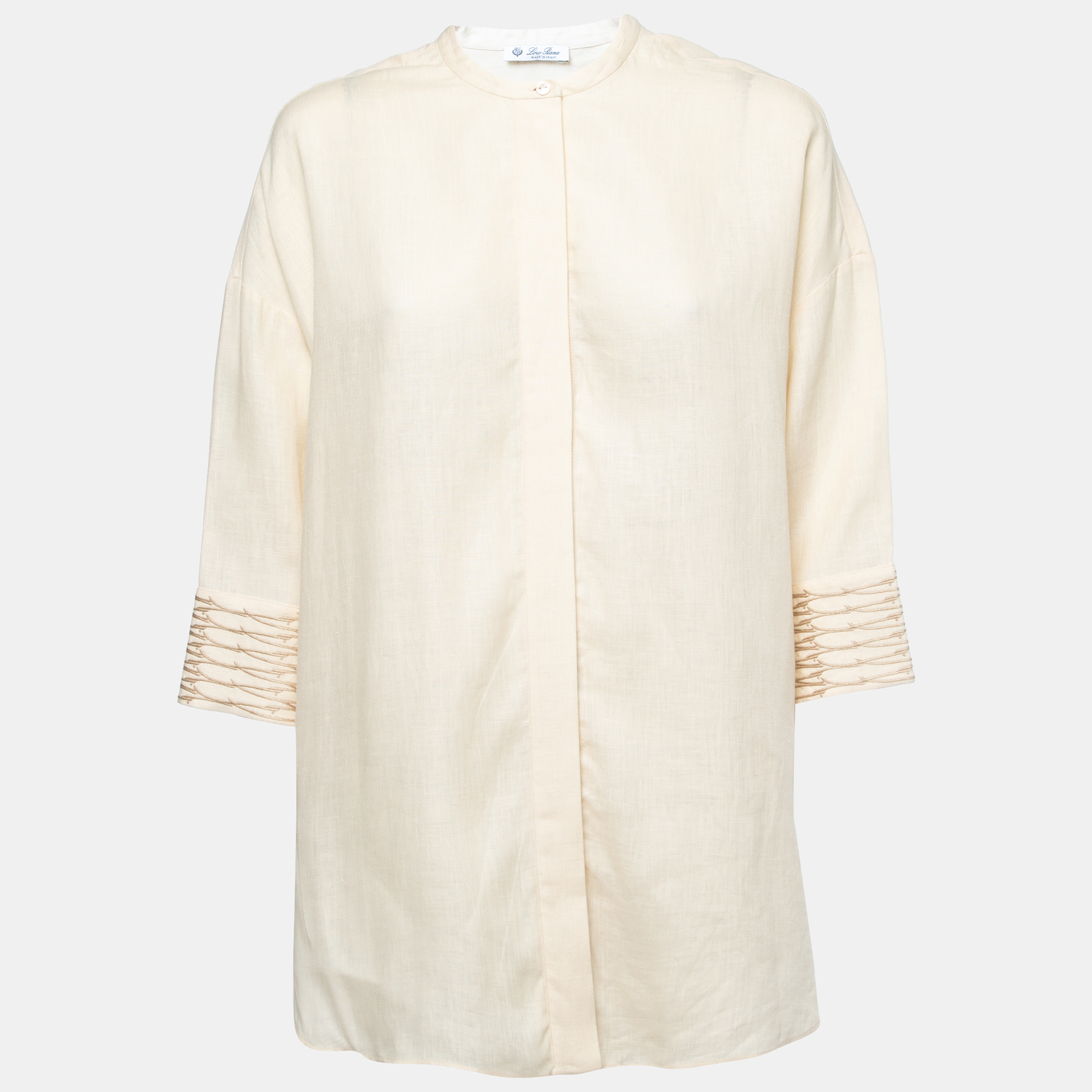 Pre Owned Loro Piana Beige Linen Round Neck Button Front Shirt M