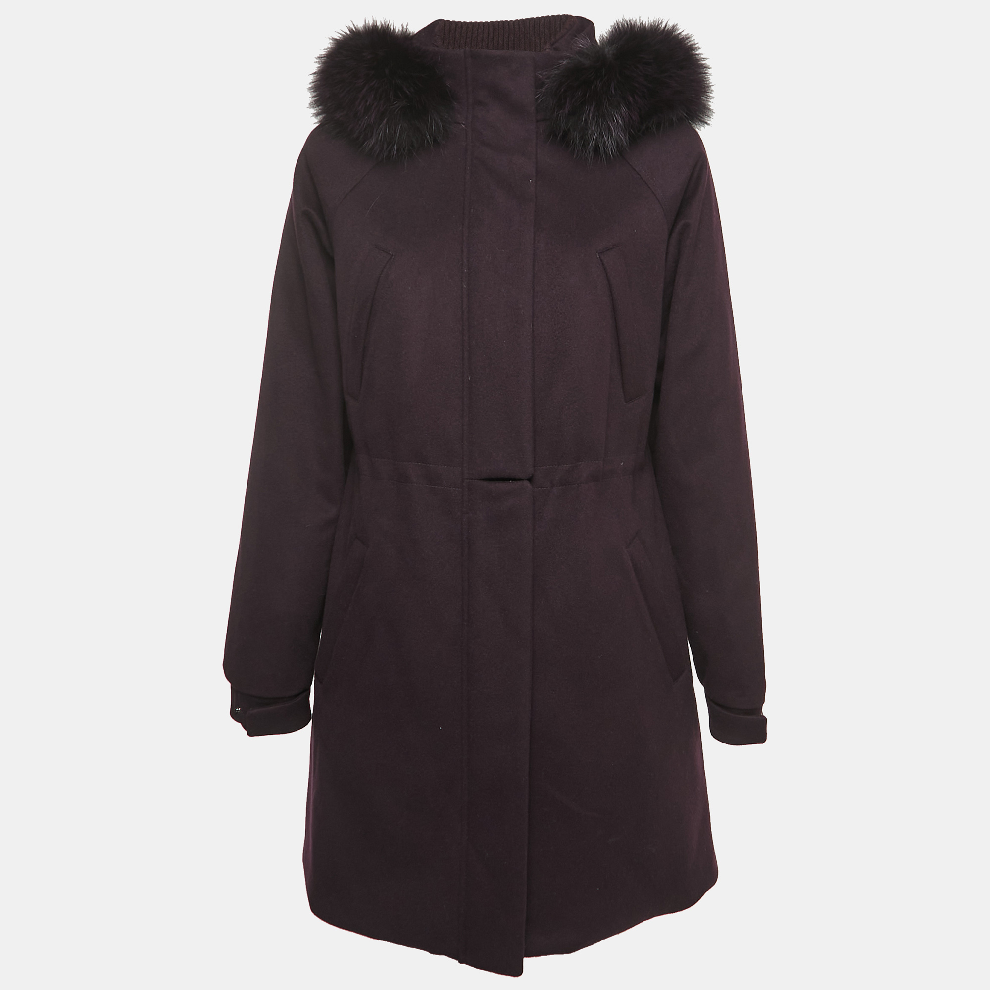 

Loro Piana Purple Cashmere Fur Trimmed Hood Icery Long Coat S