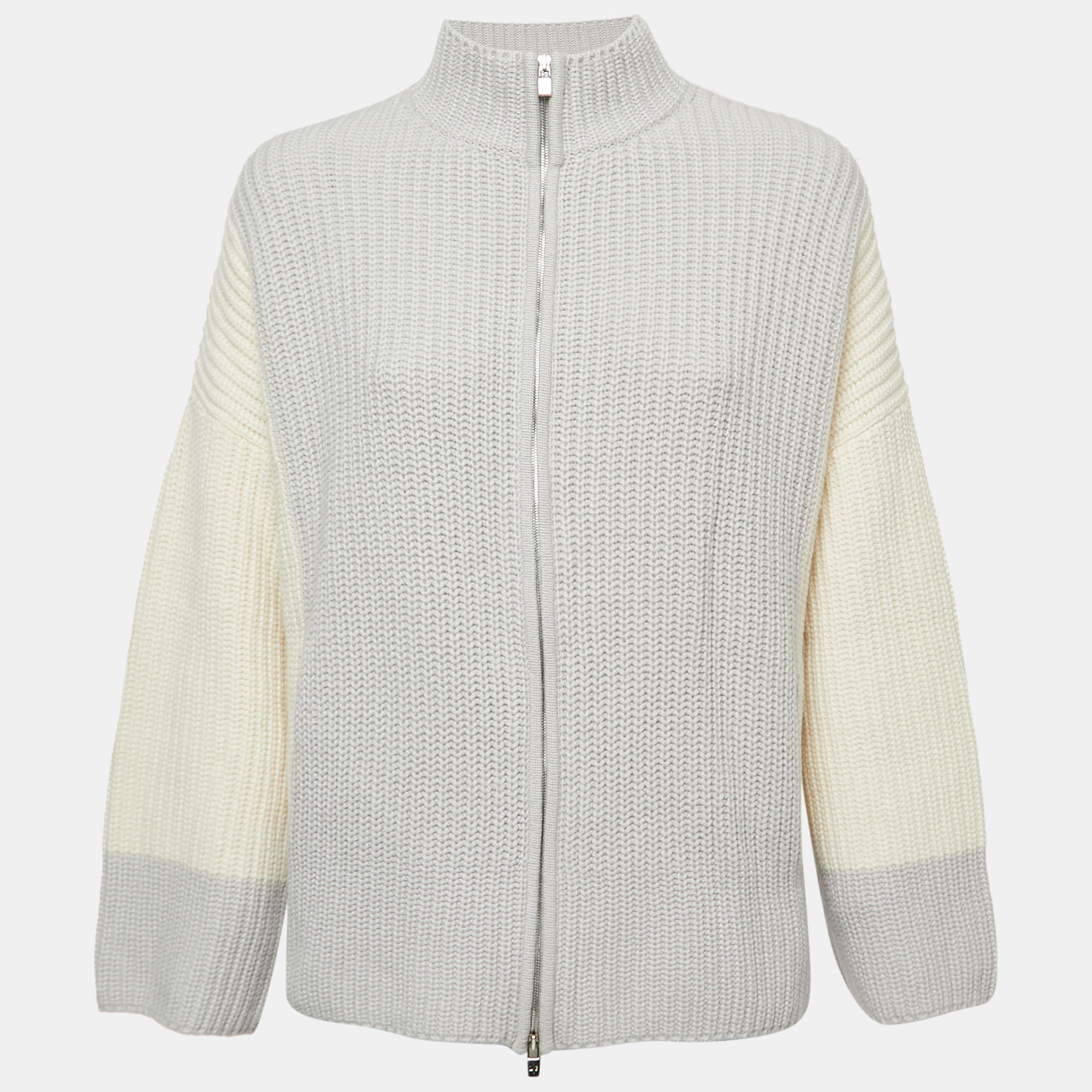 Pre Owned Loro Piana Ivory/Grey Cashmere Zip-Up Jacket S