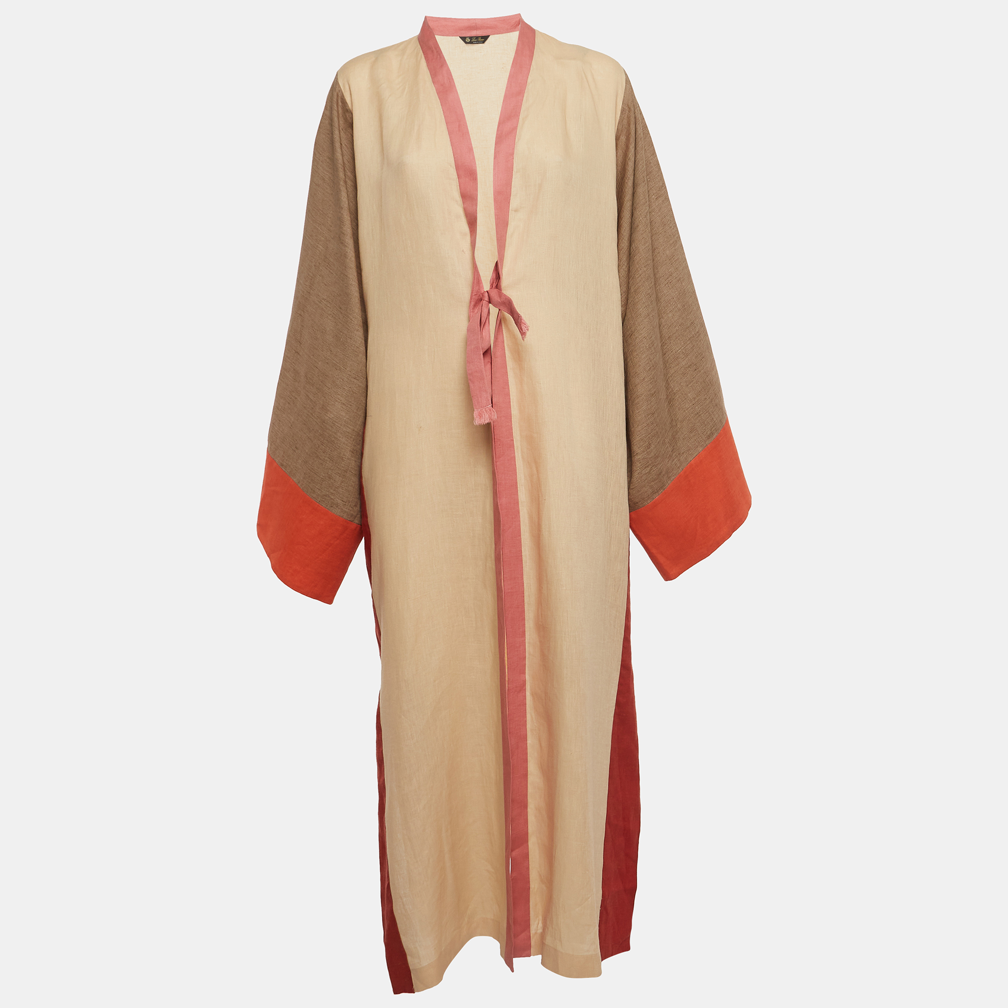 Pre Owned Loro Piana Beige Colorblock Linen Long Kimono M
