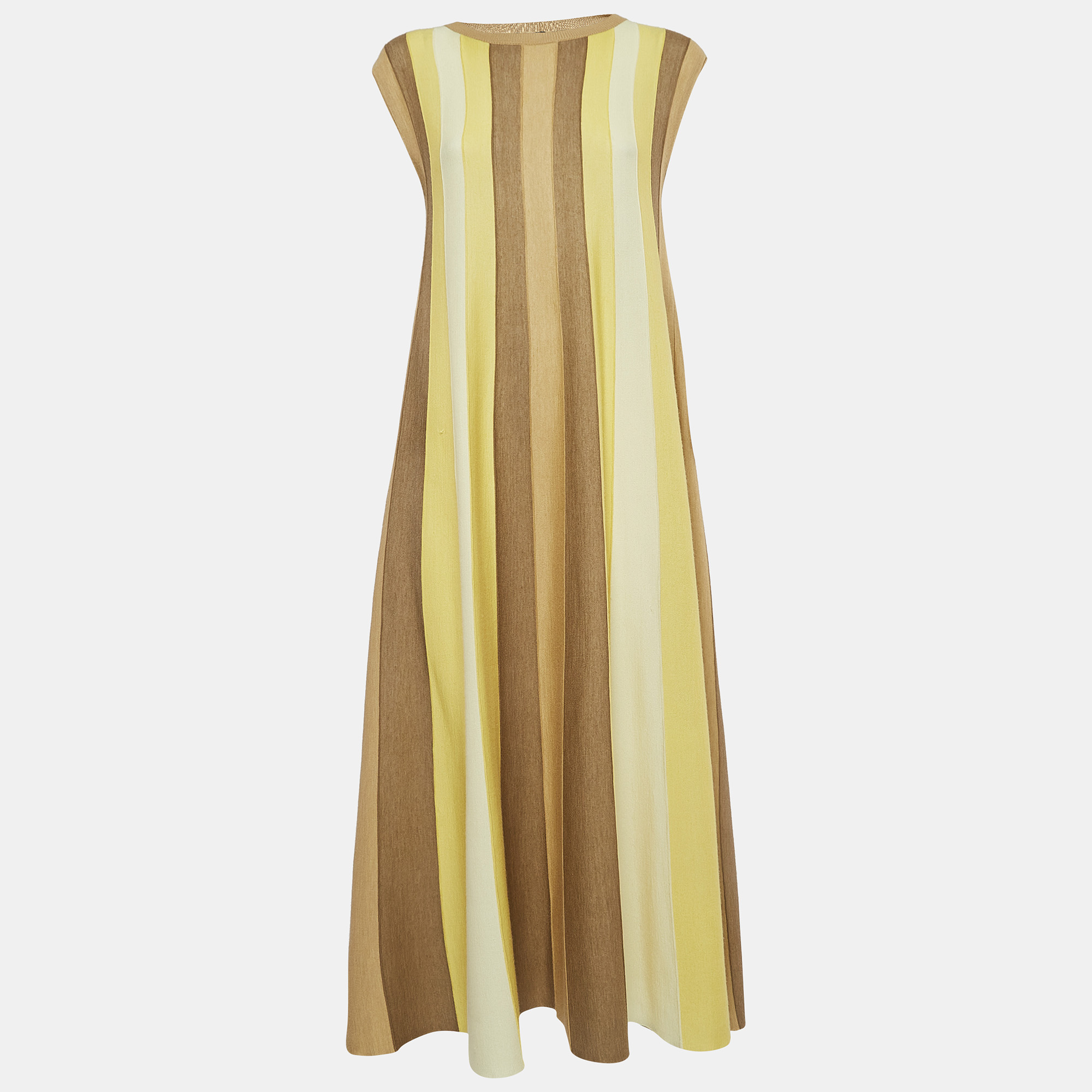 

Loro Piana Yellow Stripe Cashmere Knit Sleeveless Flared Maxi Dress