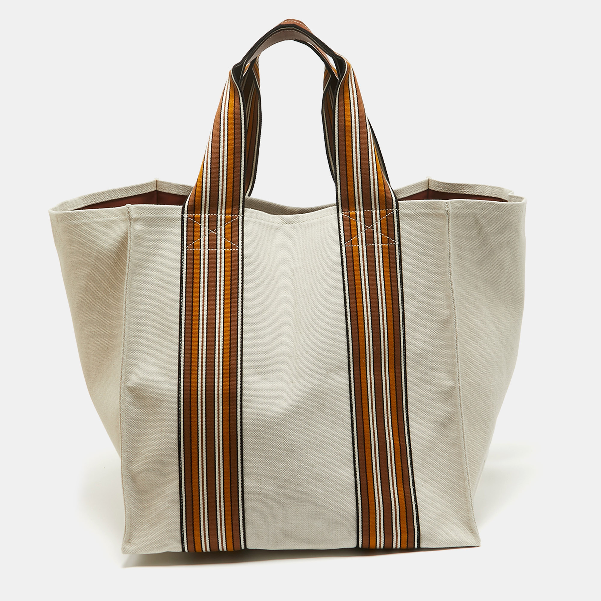 

Loro Piana Beige/Brown Canvas Medium Cube The Suitcase Stripe Tote