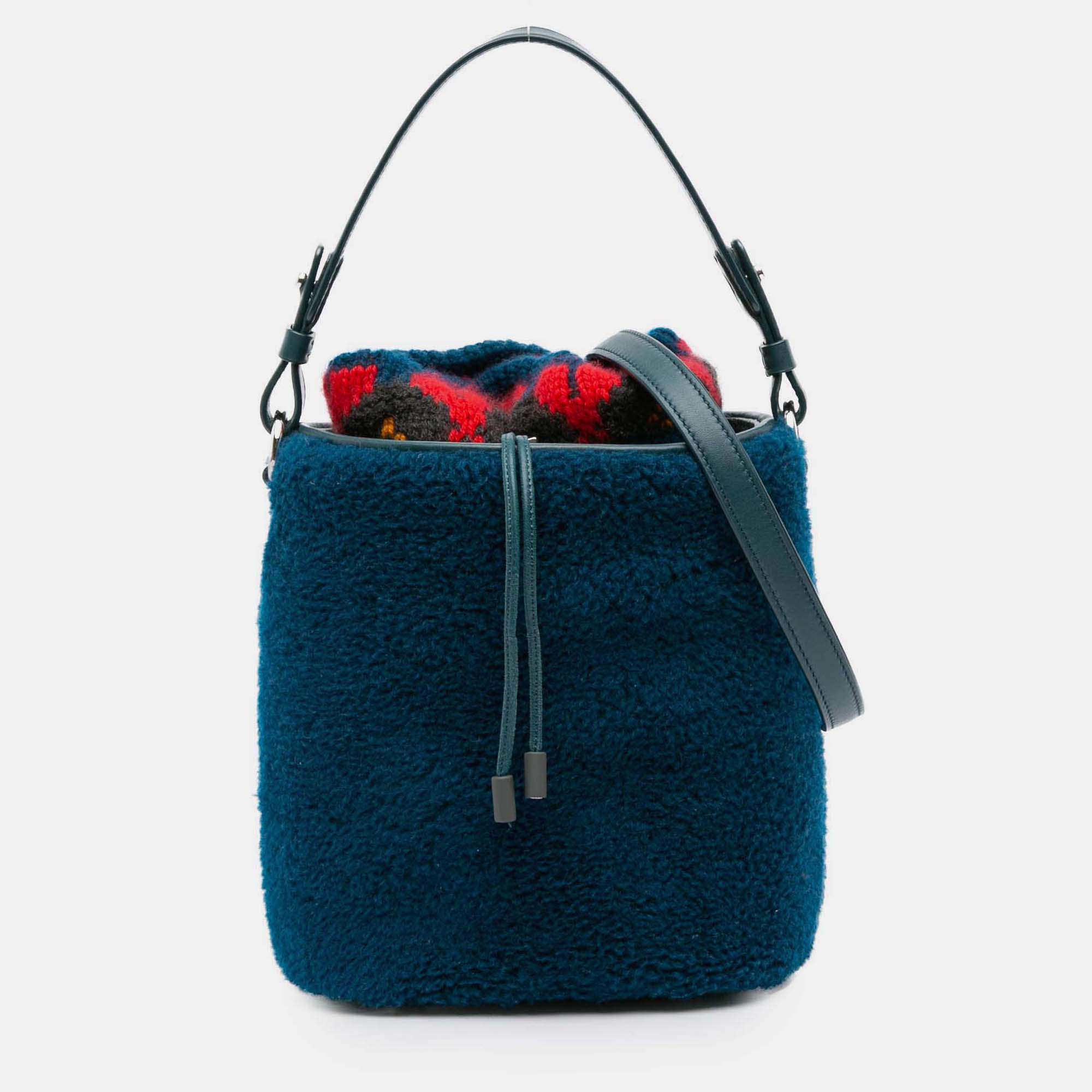 

Loro Piana Blue Artemis Shearling And Knit Bucket Bag
