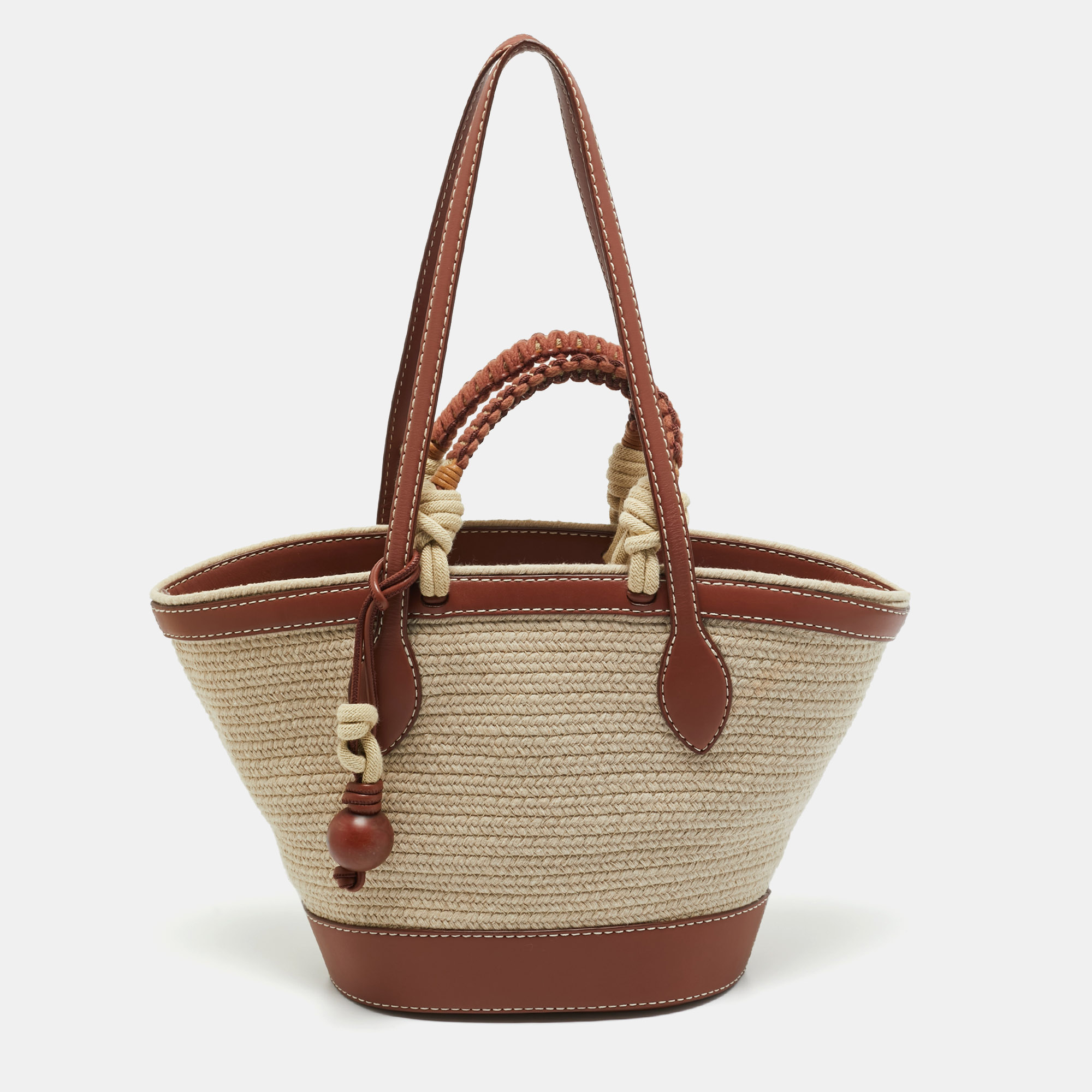 

Loro Piana Brown/Cream Leather and Raffia Bucket Bag