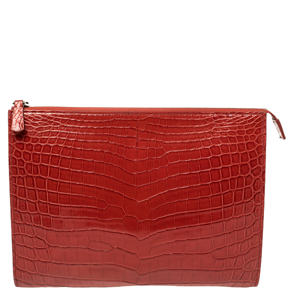 Pre-owned Loro Piana Red Crocodile Zipped Flat Pouch