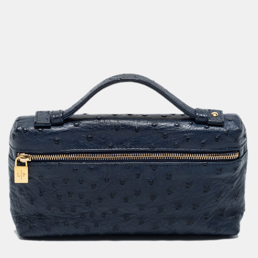 Loro Piana Navy Blue Ostrich Zip L19 Pouch