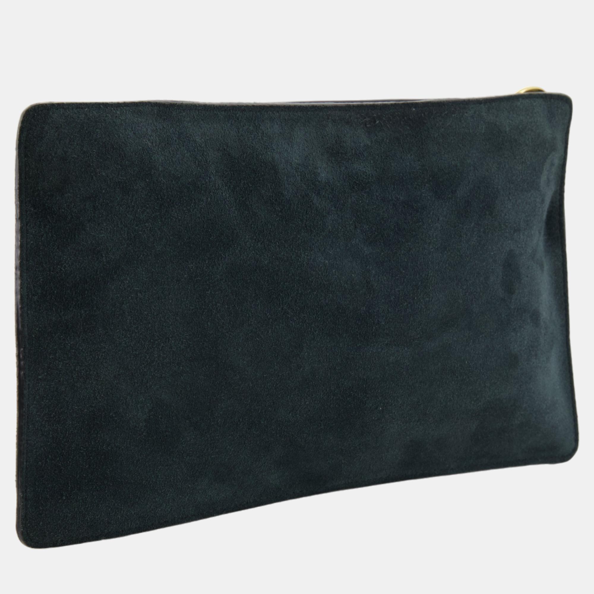 

Loro Piana Green Velvet Pouch with Leather Strap and Gold Detailing