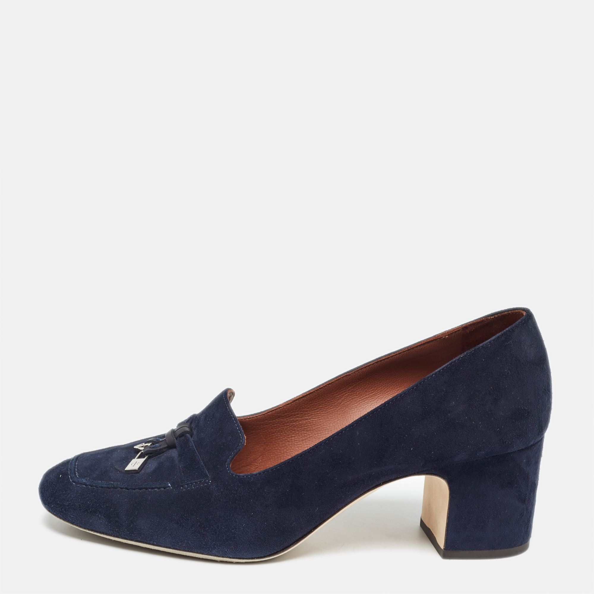 

Loro Piana Navy Blue Suede Summer Charms Walk Block Heel Pumps Size 36.5