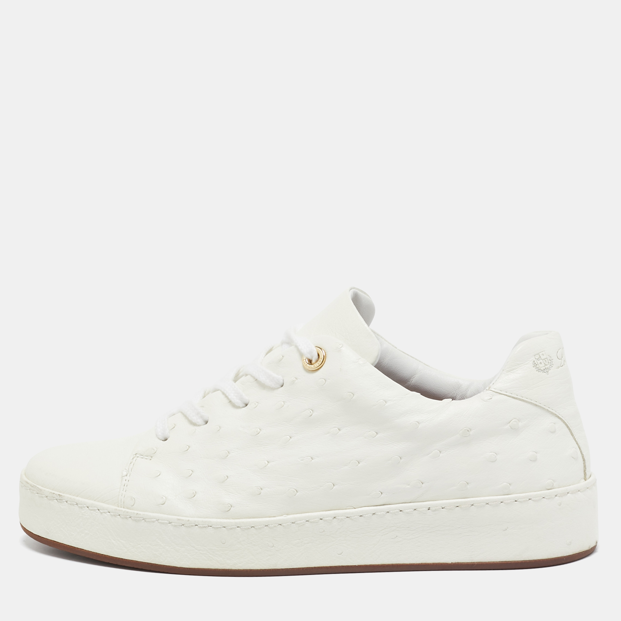 

Loro Piana White Leather and Ostrich Leather Lace Up Sneakers Size