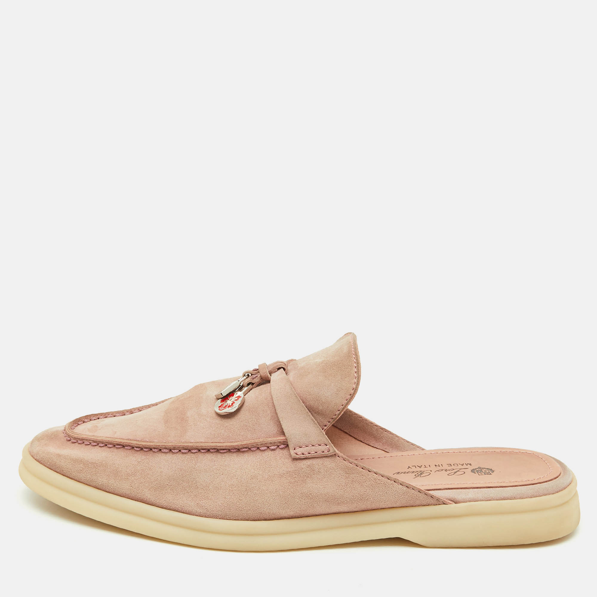 

Loro Piana Pale Pink Suede Babouche Charms Walk Flat Mules Size