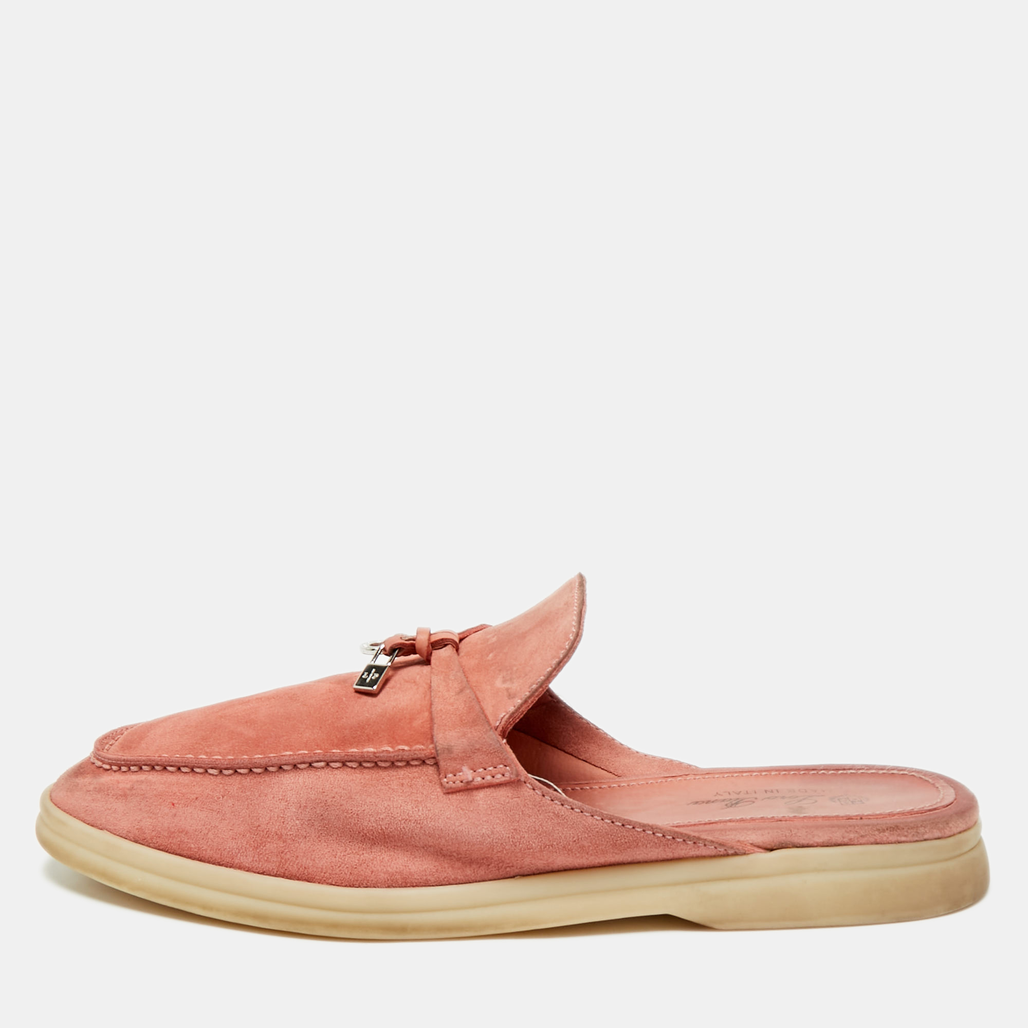 

Loro Piana Pink Suede Babouche Charms Walk Mules Size