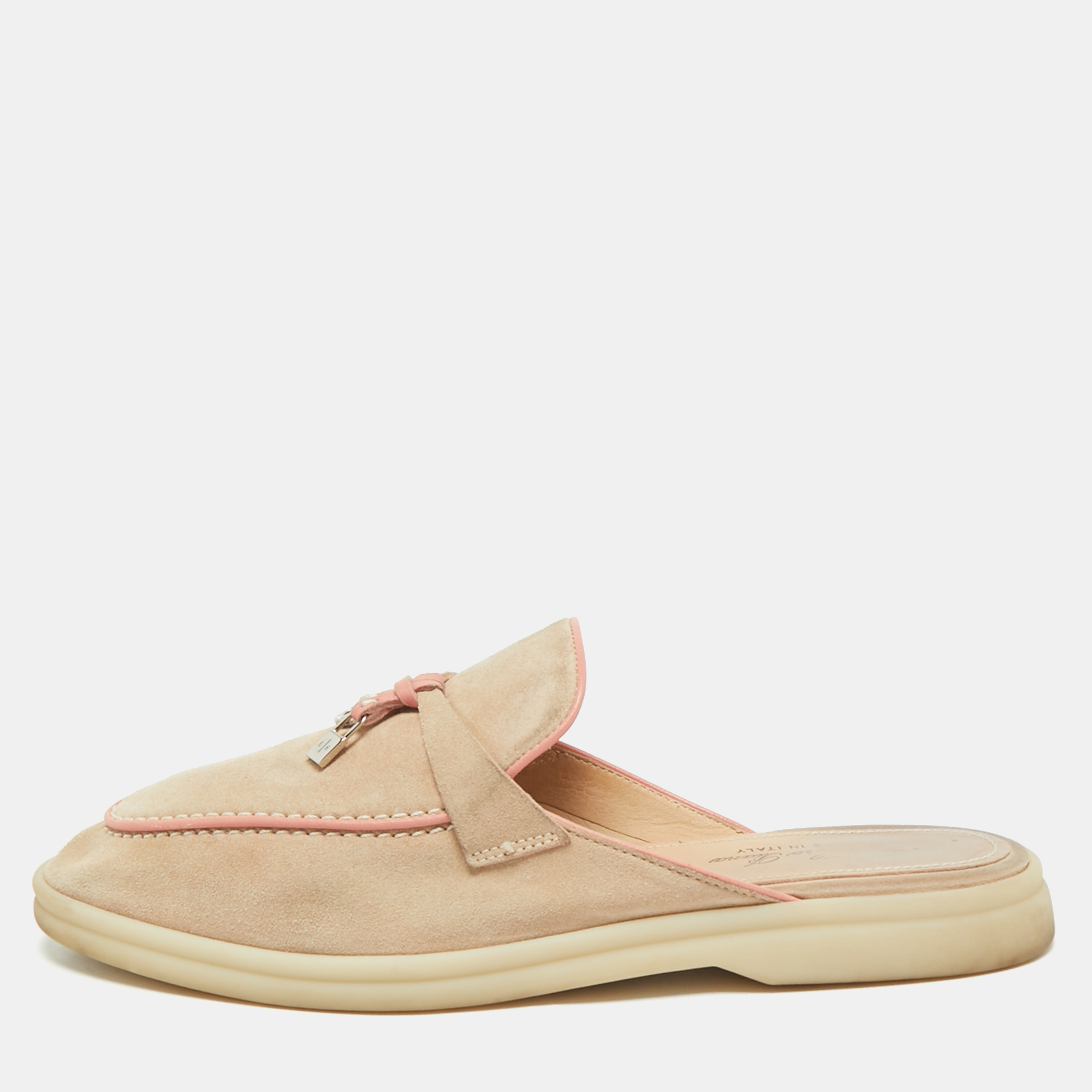 

Loro Piana Pink/Beige Suede Babouche Charms Walk Mules Size