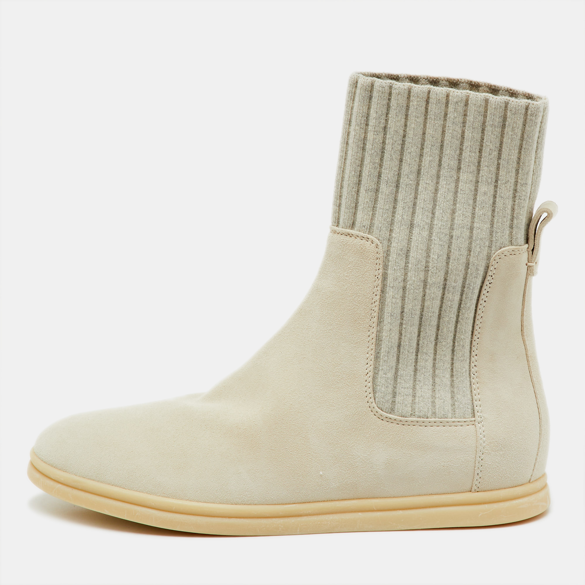 Pre-owned Loro Piana Light Grey Knit Fabric And Suede Ankle Sock Boots Size 36 In Gray
