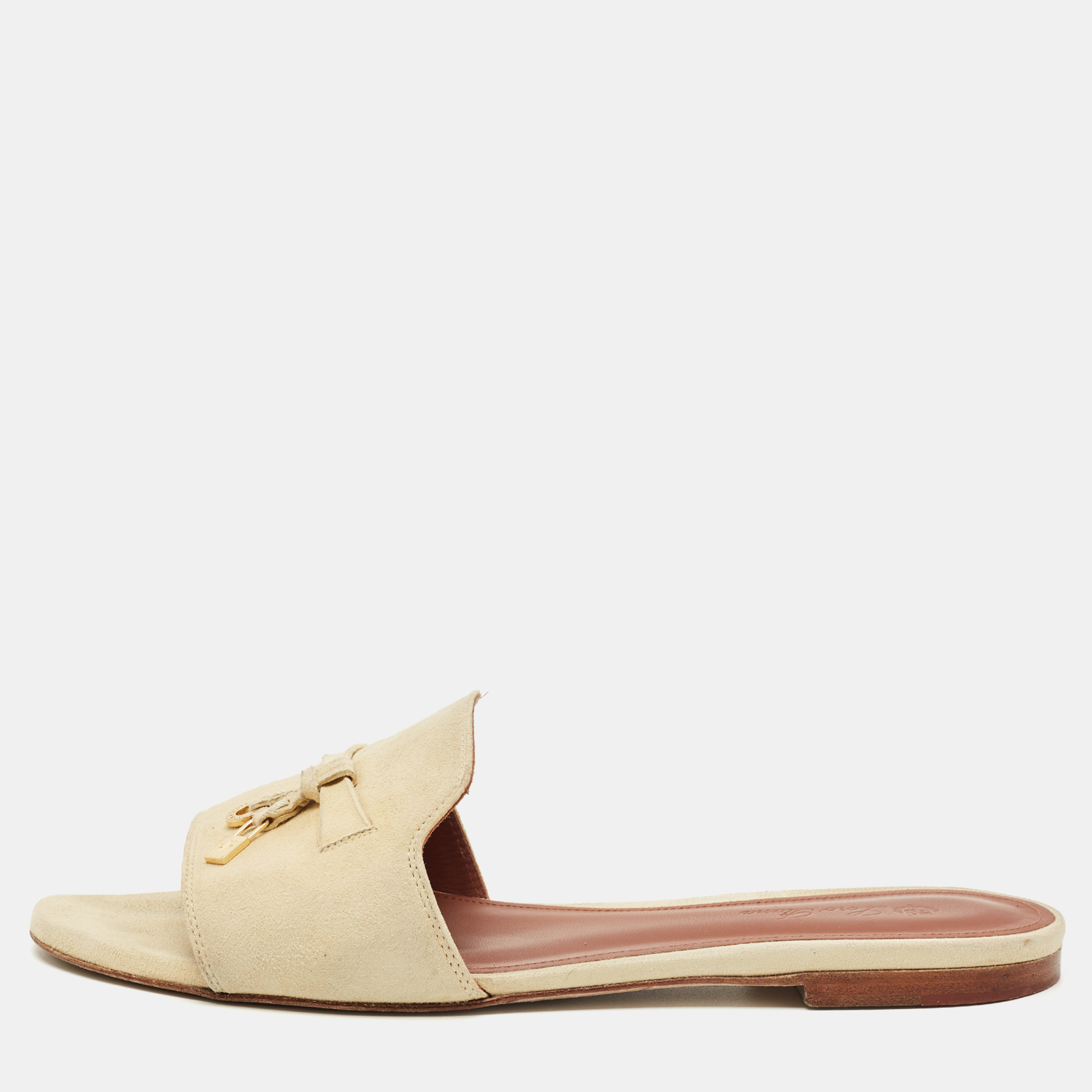 

Loro Piana Cream Suede Summer Charms Walk Flat Slide Size